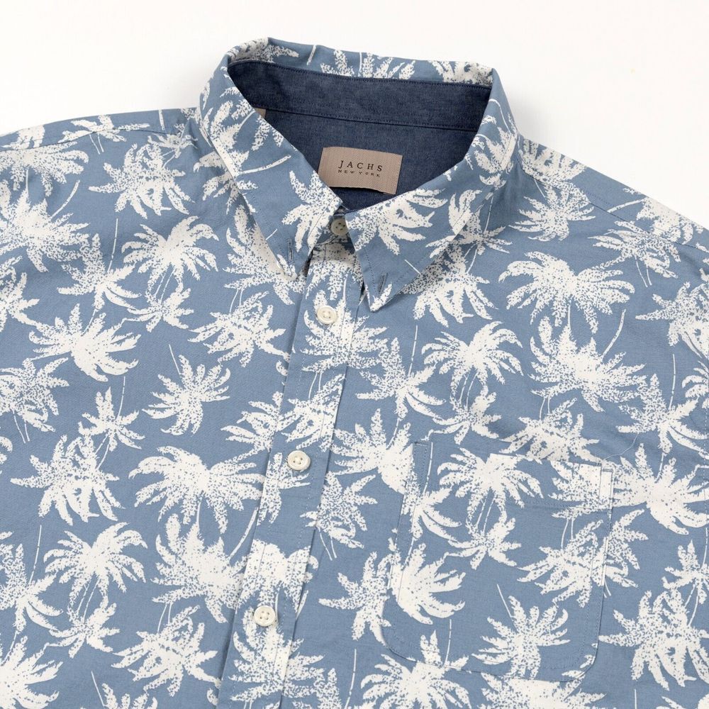 Jachs New York Performance Button Down Hawaiian Shirt Palm Trees‎ Blue (L)